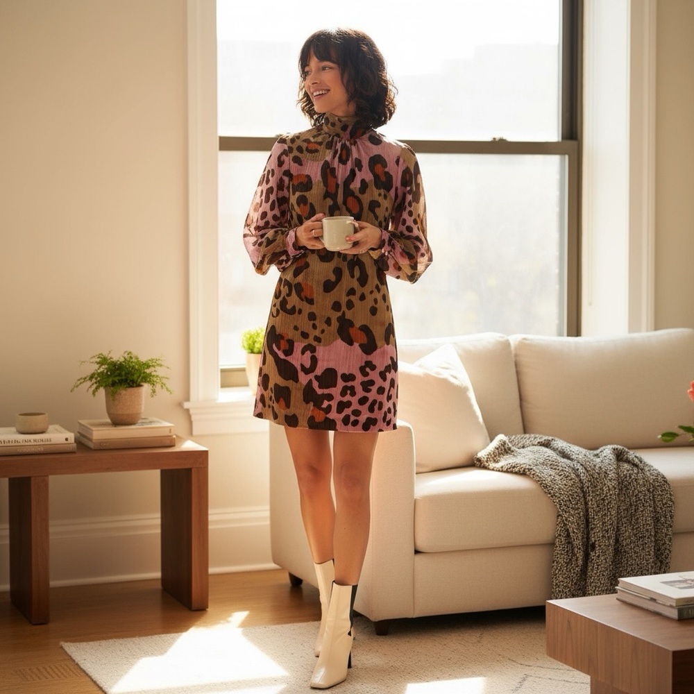 Anthropologie Eleanor Velvet Pink and Brown Animal Print Shift Dress 4 - Picture 5 of 5